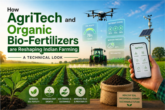 Agritech graphic showing a drone, tractor, and the text "AgriTech and Organic Bio-Fertilizers."