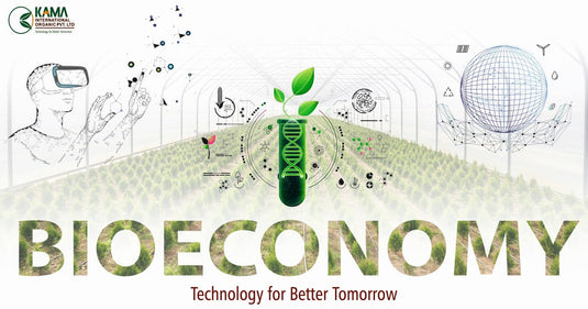 Kama Organic graphic showing futuristic greenhouse technology and the text "BIOECONOMY".