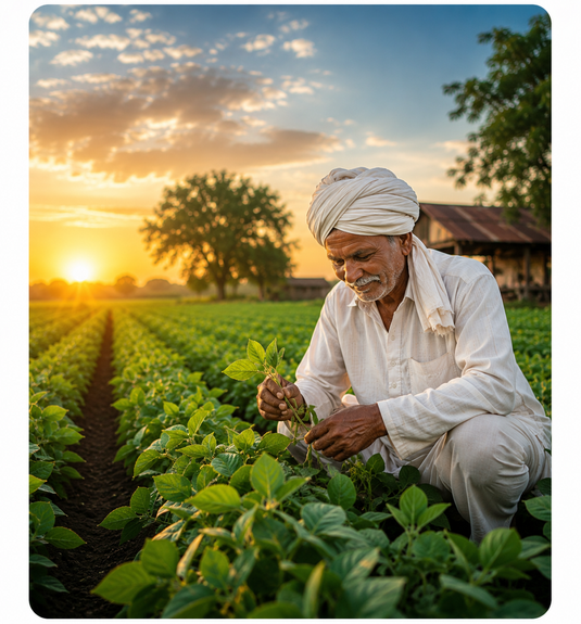 Happy farmer in Gujarat experiencing high crop yield with bio-organic fertilizers