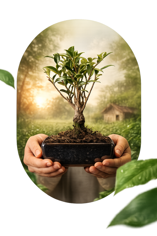 Two hands holding a small growing green tree, symbolizing nature-based technology and sustainable soil health